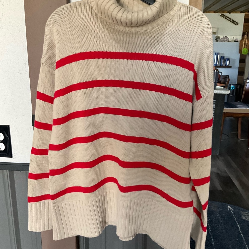 Old Navy Cream and Red Striped Turtleneck Sweater
